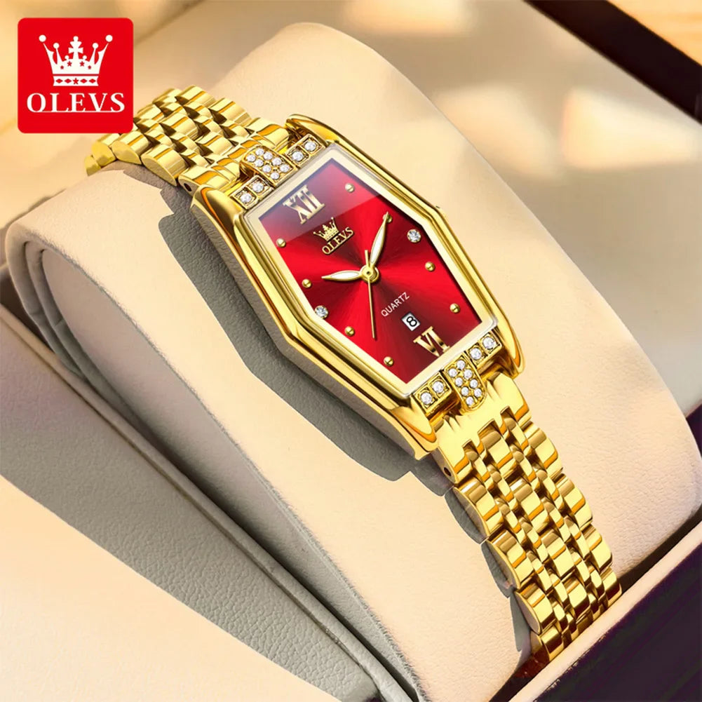 OLEVS 3699 Luxury Fashion Gold Stainless Steel Tonneau Quartz Ladies' Watches