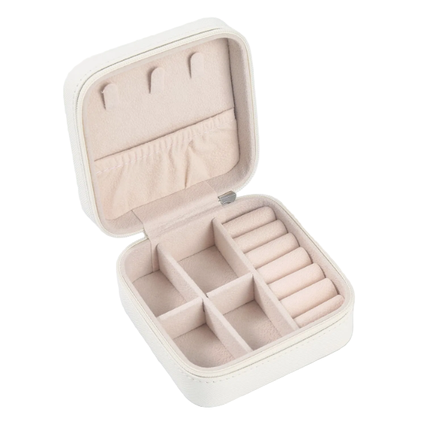 Beige jewelry case with compartments on a white background