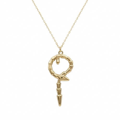 Gold necklace with a unique pendant on a white background