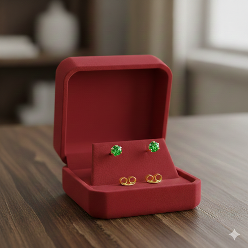 Gold earrings with green gemstones in a red jewelry box on a wooden table
