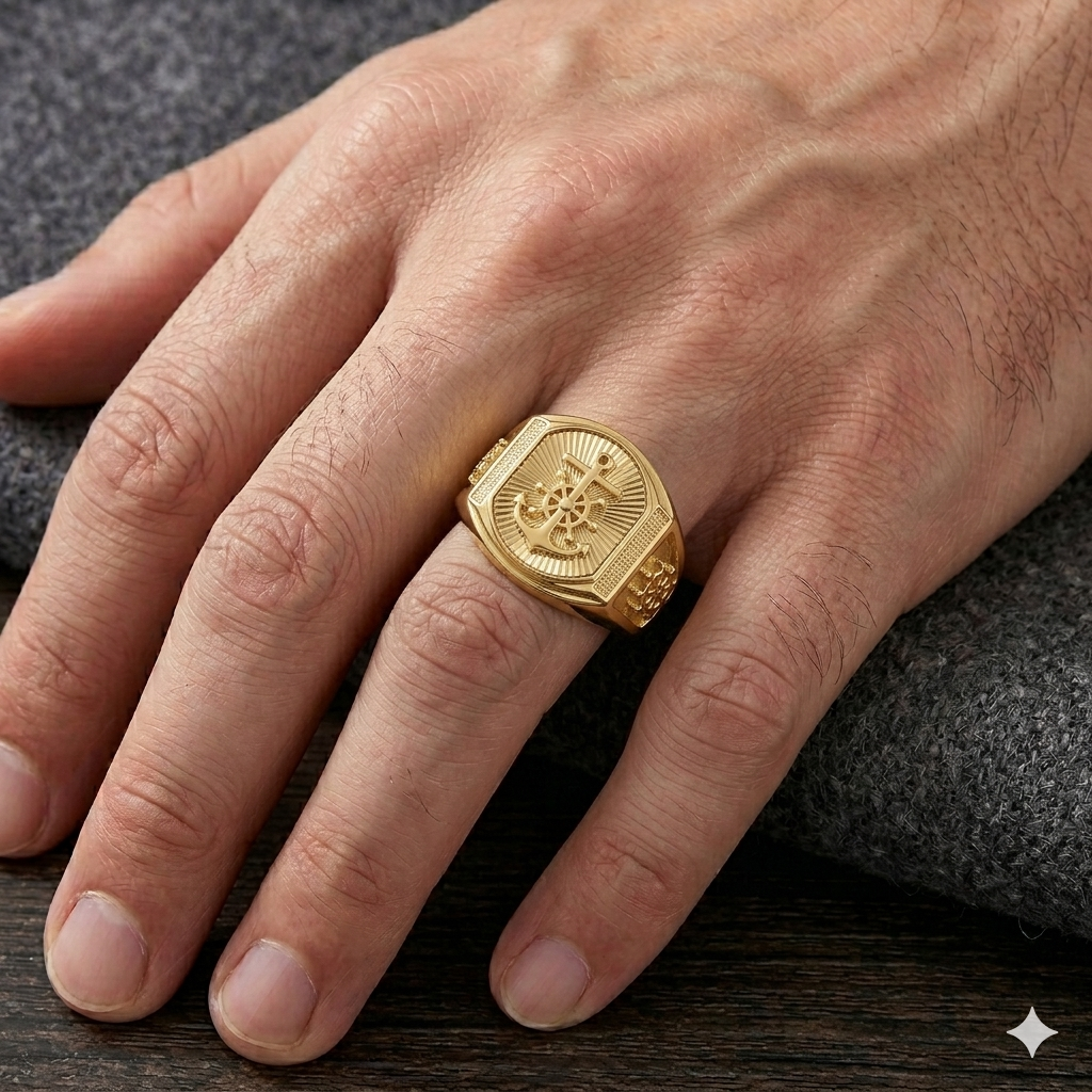 18k Gold Wheel Anchor Ring