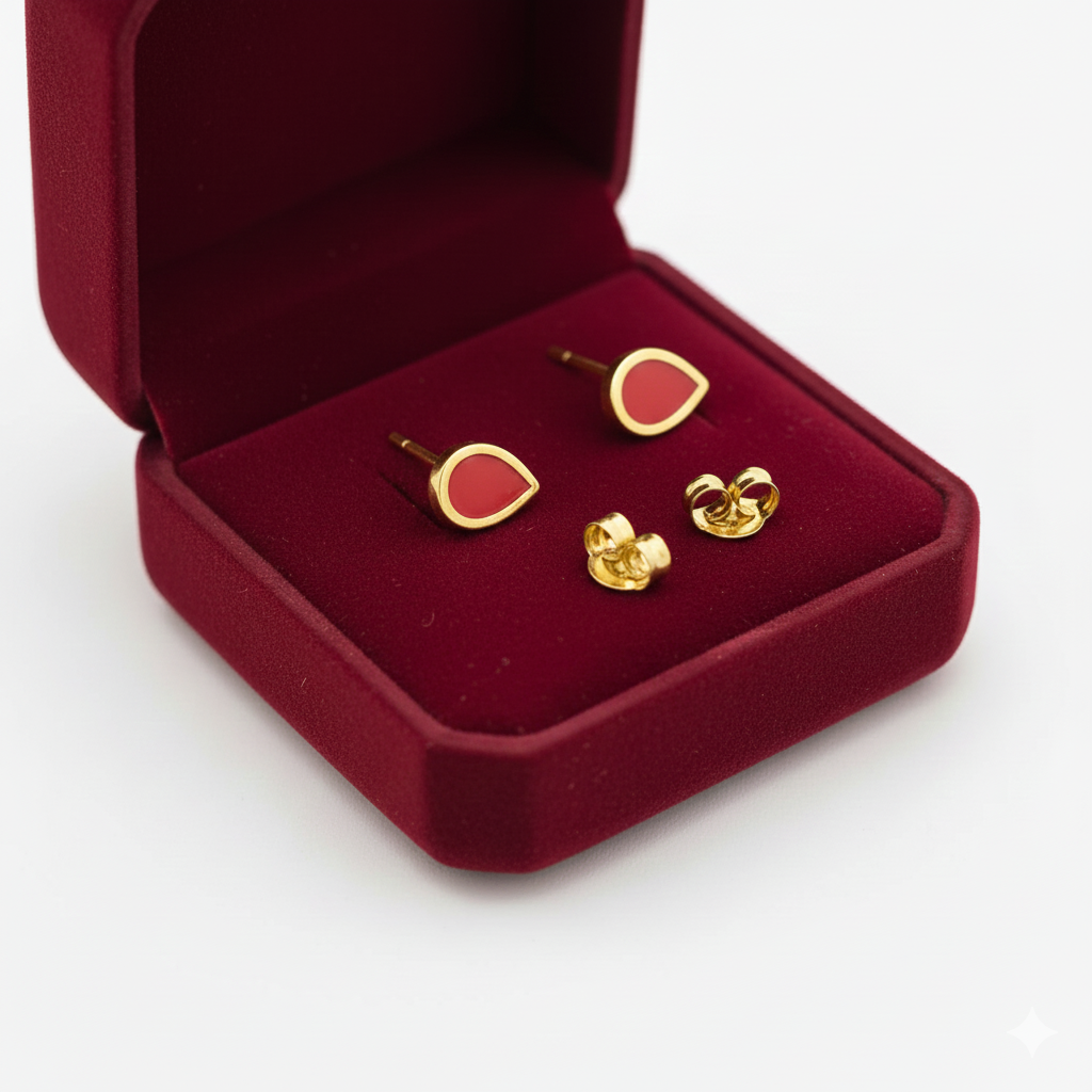 18K Real Gold Red Droplet Earrings