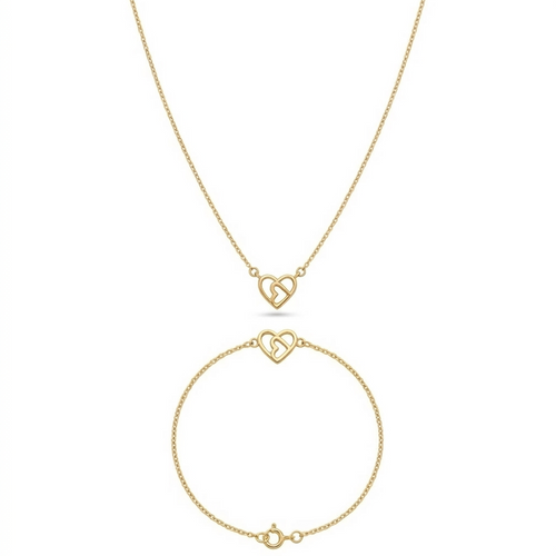 Gold necklace and bracelet set on a white background