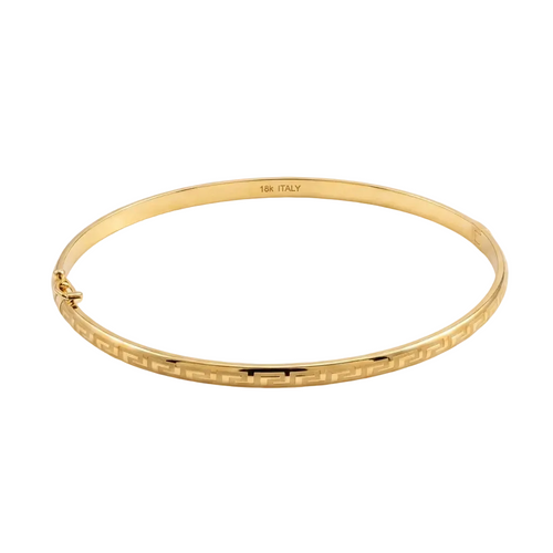 Gold bracelet with intricate design on a white background