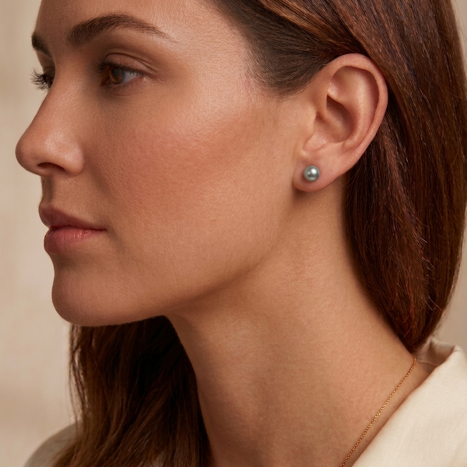 Close-up of a woman wearing a silver earring against a neutral background