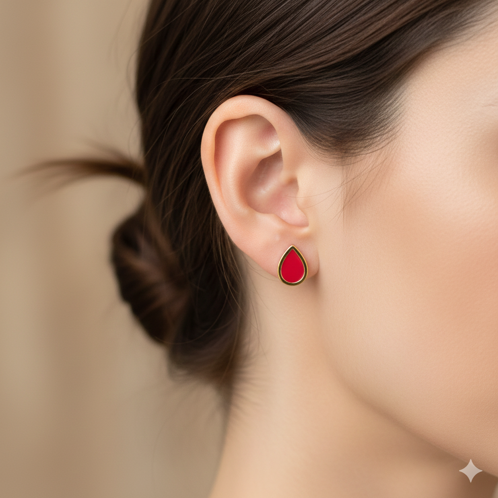 18K Real Gold Red Droplet Earrings