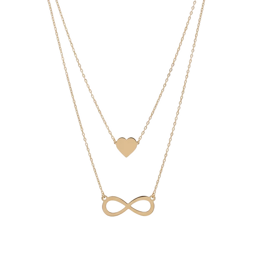 Two gold necklaces on a white background, one with an infinity symbol and the other with a heart pendant.