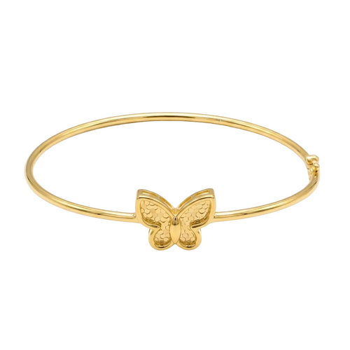 Gold bracelet with a butterfly charm on a white background