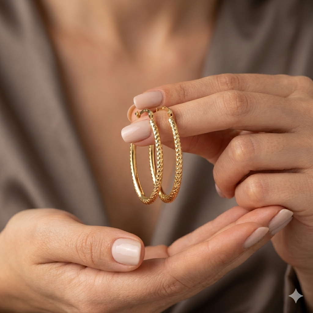 18k Gold Oval Snake Skin Loop Earrings