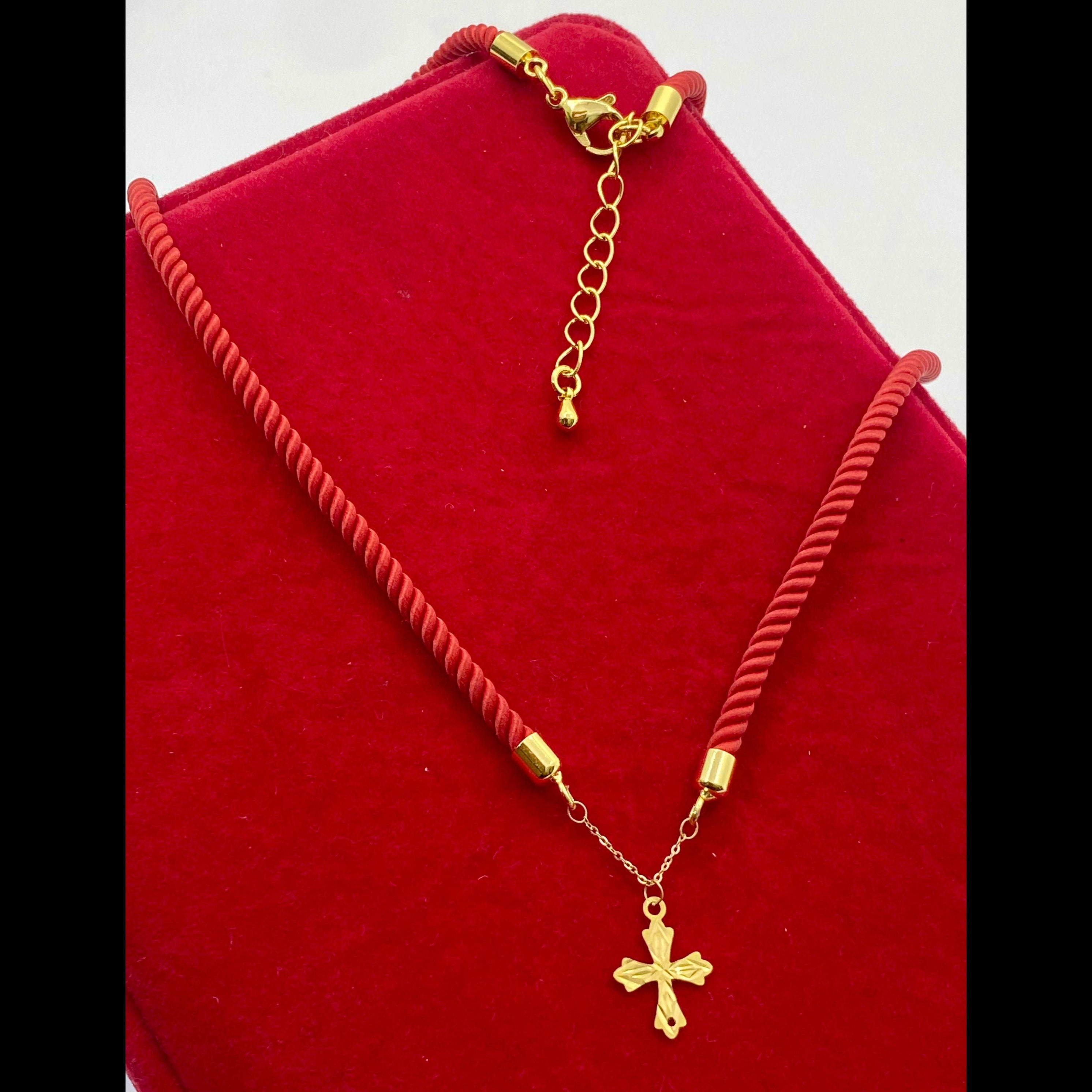 18K Gold Cross Pendant With Red Thread Adjustable Necklace - Embellish Gold