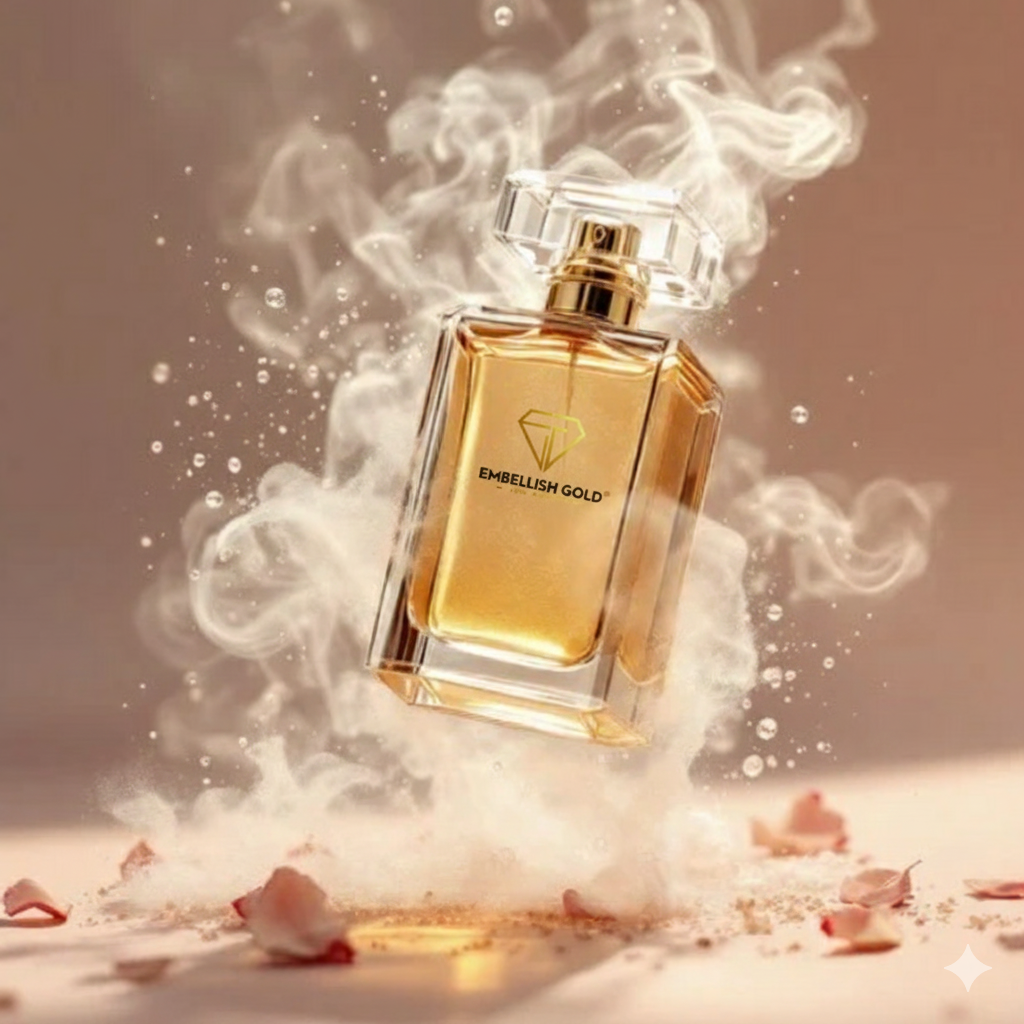 Gold perfume bottle labeled 'Embellish Gold' with smoke effect on a beige background