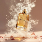 Gold perfume bottle labeled 'Embellish Gold' with smoke effect on a beige background
