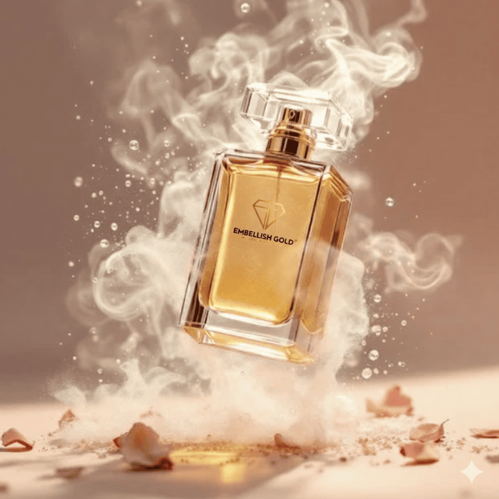 Gold perfume bottle labeled 'Embellish Gold' with smoke effect on a beige background