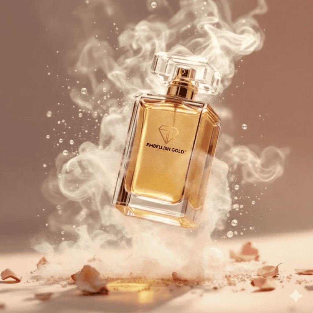 Gold perfume bottle labeled 'Embellish Gold' with smoke effect on a beige background