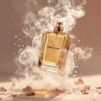 Gold perfume bottle labeled 'Embellish Gold' with smoke effect on a beige background