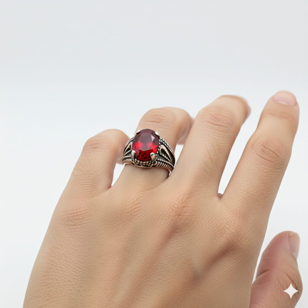 925 Silver Round Ruby Stone Ring