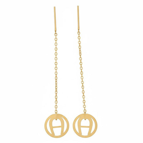 Gold earrings with circular designs on a white background