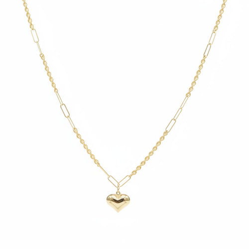 Gold necklace with a heart pendant on a mannequin neck, showing weight and code.