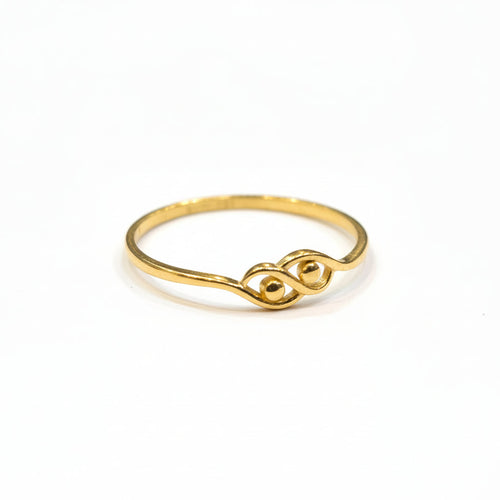 Gold ring on a gray background with weight and code label.