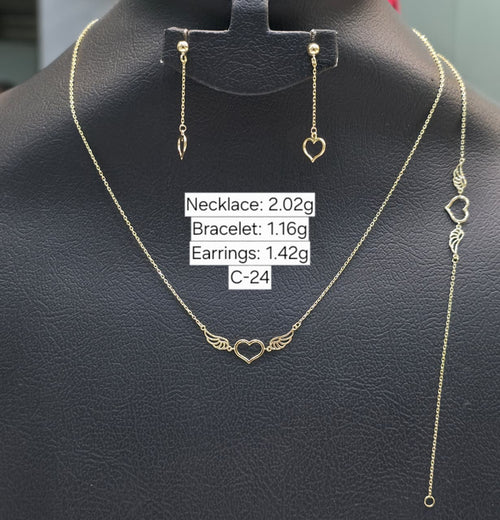 18k Gold Heart Feather Jewelry Set