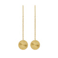 Gold chain earrings with round, textured discs on a white background