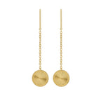 Gold chain earrings with round, textured discs on a white background