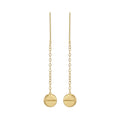 Gold earrings with round pendants on thin chains against a white background