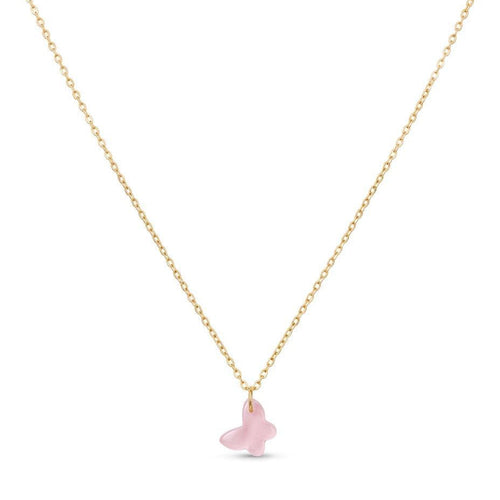 Gold necklace with a pink heart pendant on a white background
