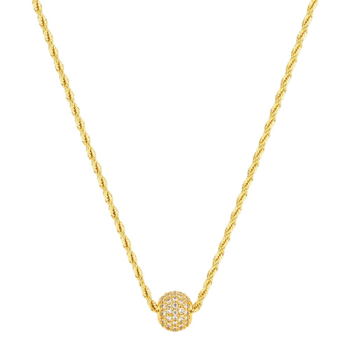 Gold necklace with a spherical pendant on a white background
