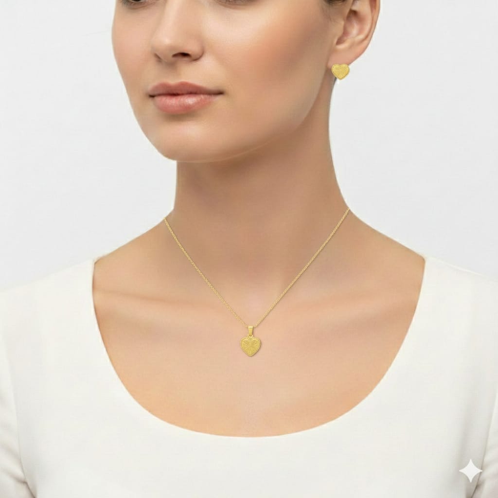18K Real Gold Plain Cut Necklace And Earring Set