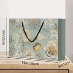 Floral-patterned paper bag with measurements on a wooden surface